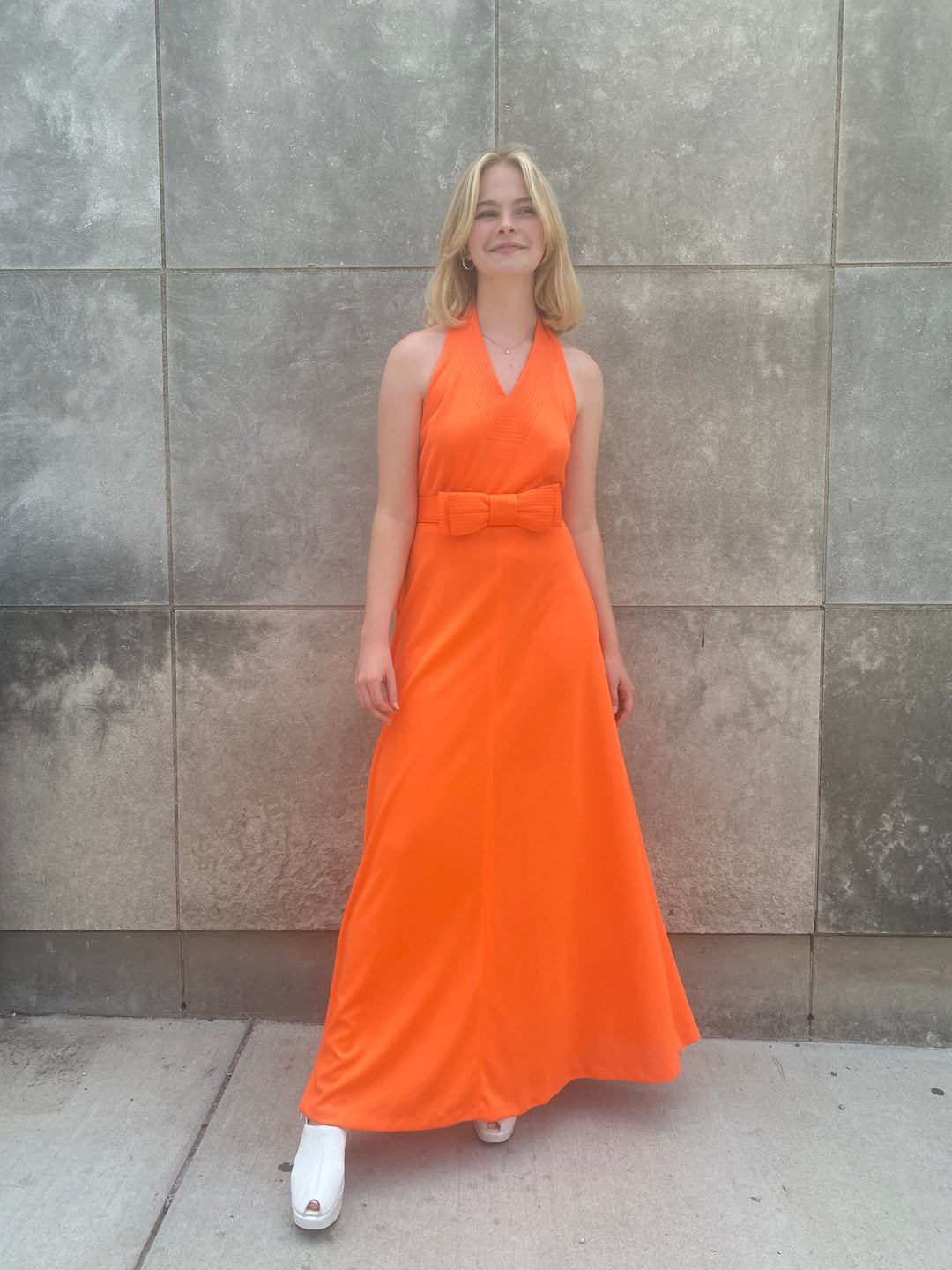 70s Orange Halter Polyester Maxi Dress, Julie Miller