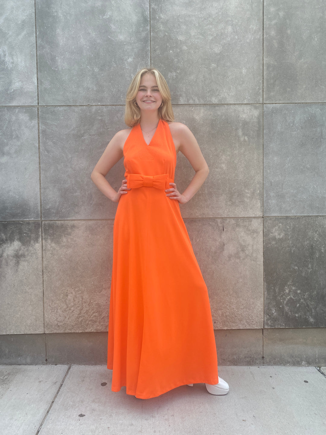 70s Orange Halter Polyester Maxi Dress, Julie Miller