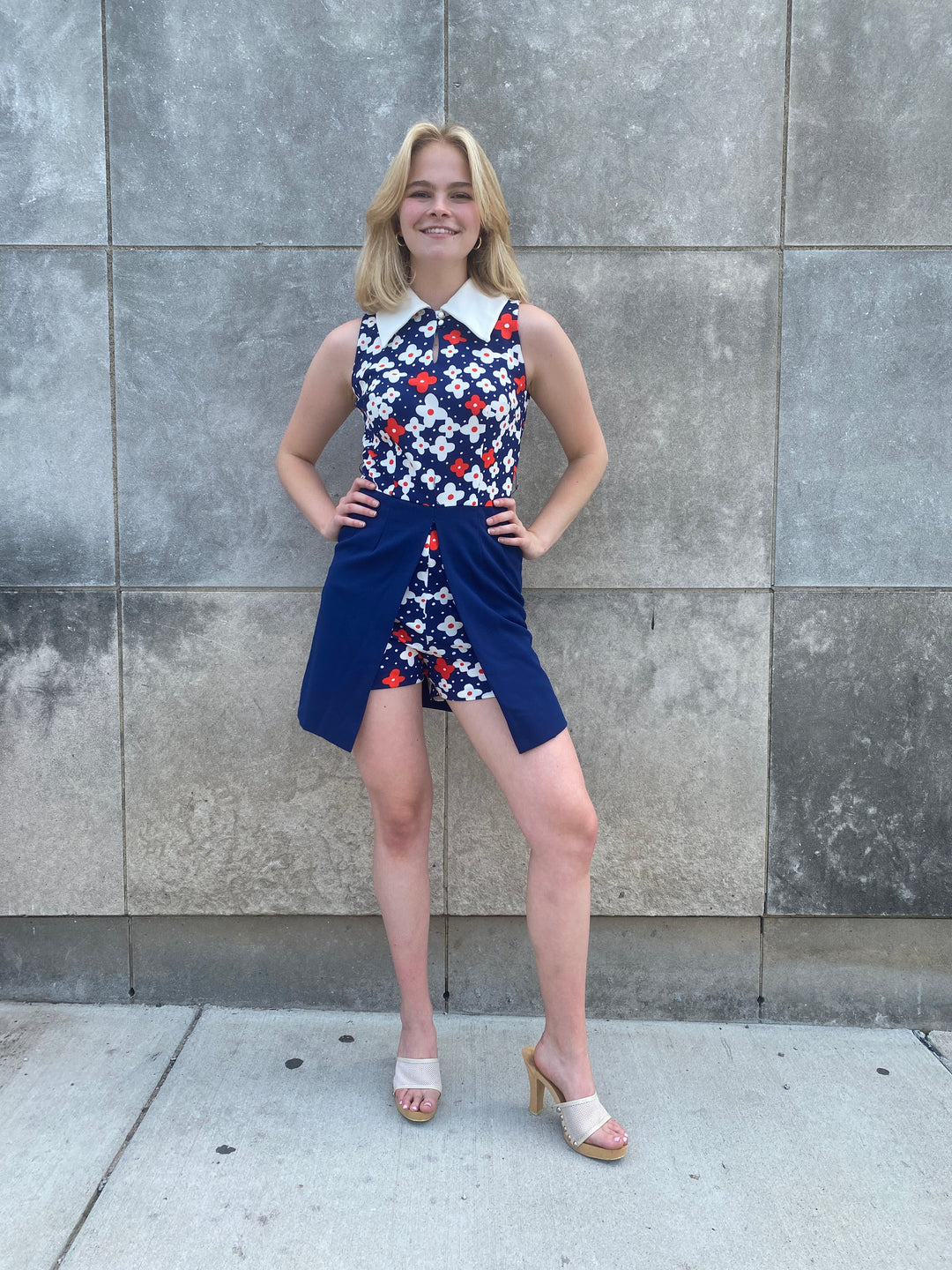 70s Blue White Red Polyester Dress with Hot Pants, Dimension V 70s Blue White Red Polyester Dress with Hot Pants, Dimension V