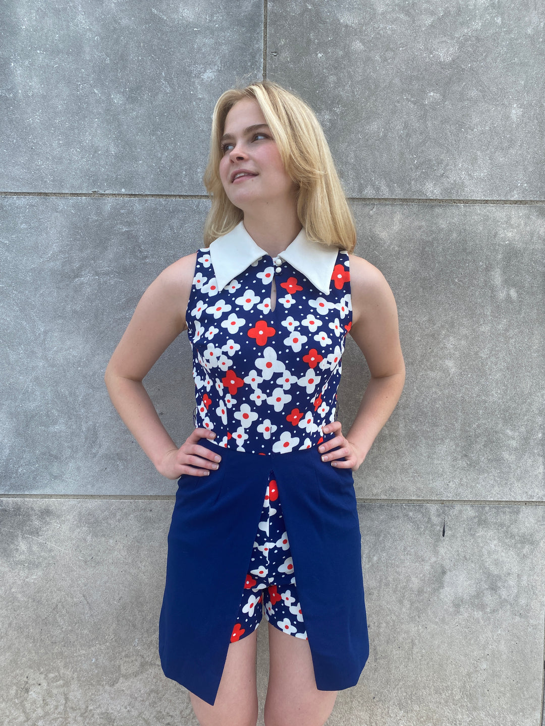 70s Blue White Red Polyester Dress with Hot Pants, Dimension V