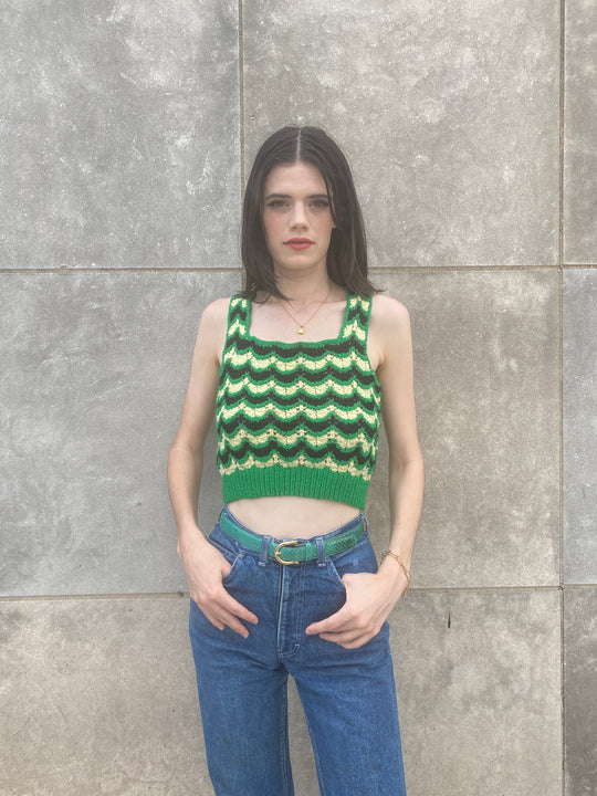 70s Green Ivory Crocheted Cropped Tank Top