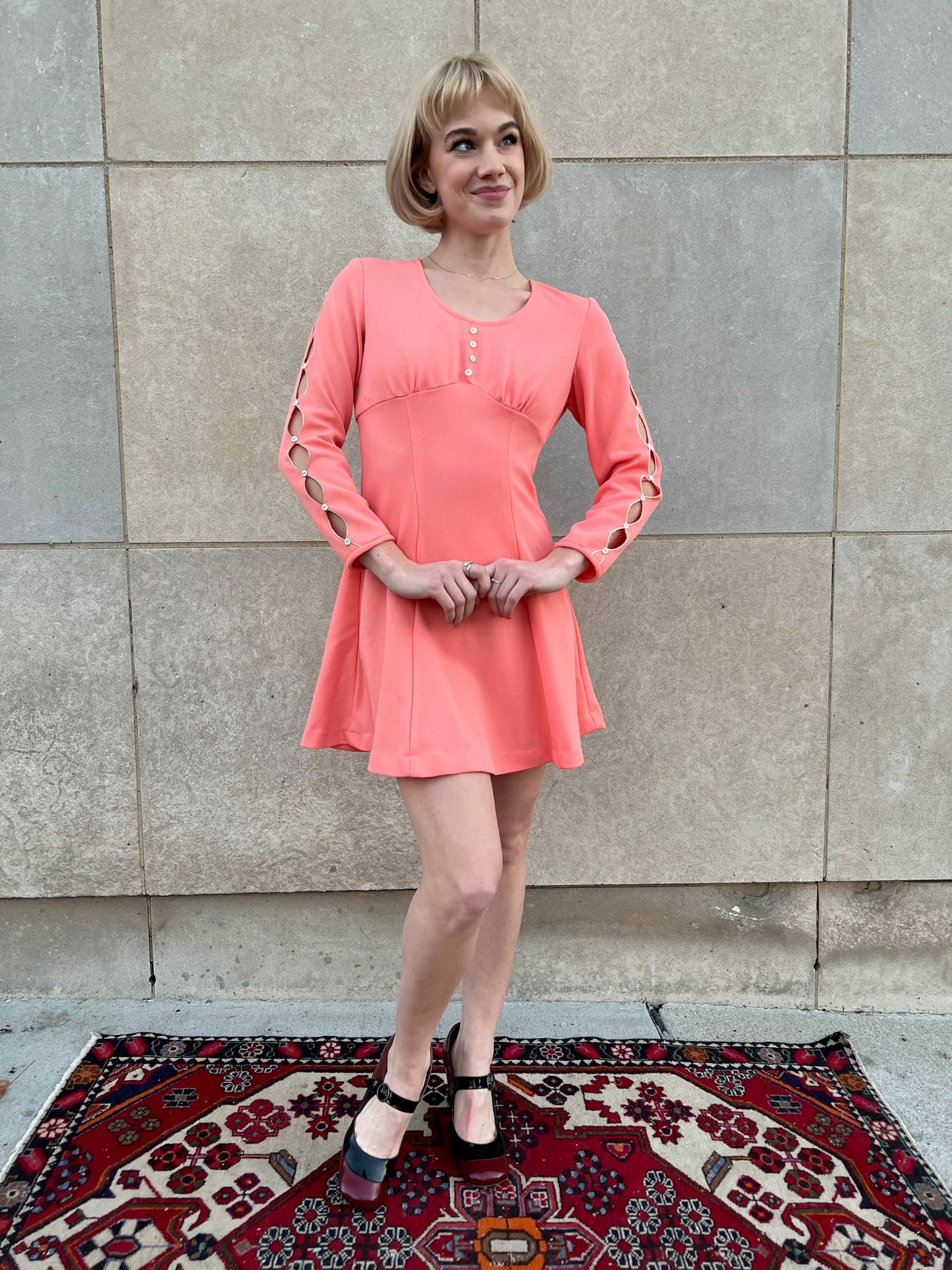 60s Peach Polyester Mini Dress, Keyhole Sleeves – The Hip