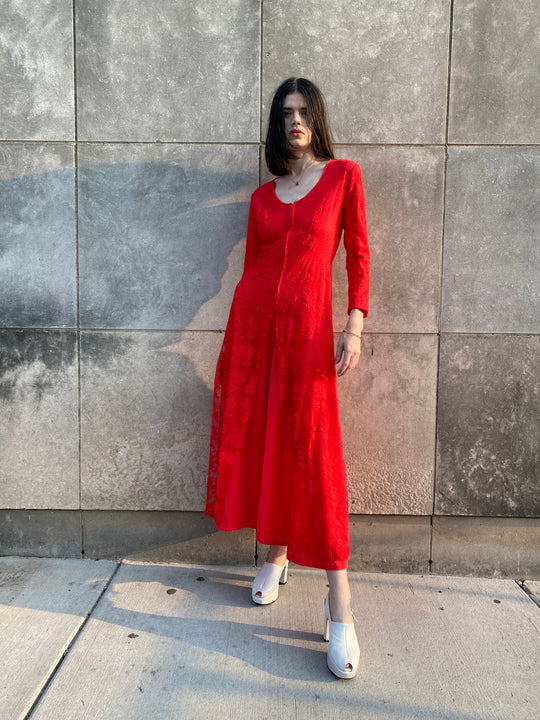 60s Red Lace Nylon Jumpsuit Maxi Dress, Butterfield 8