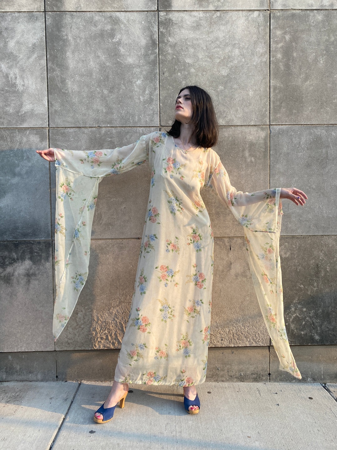 70s Ivory Blue Floral Sheer Nylon Maxi Dress, Angel Wing Sleeves