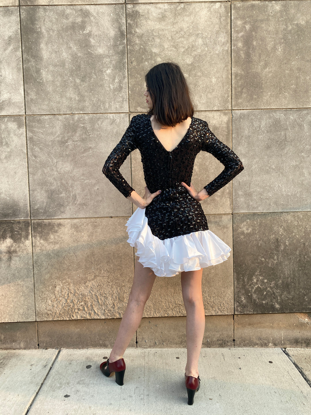 80s Black Sequined Dress, White Ruffled Skirt