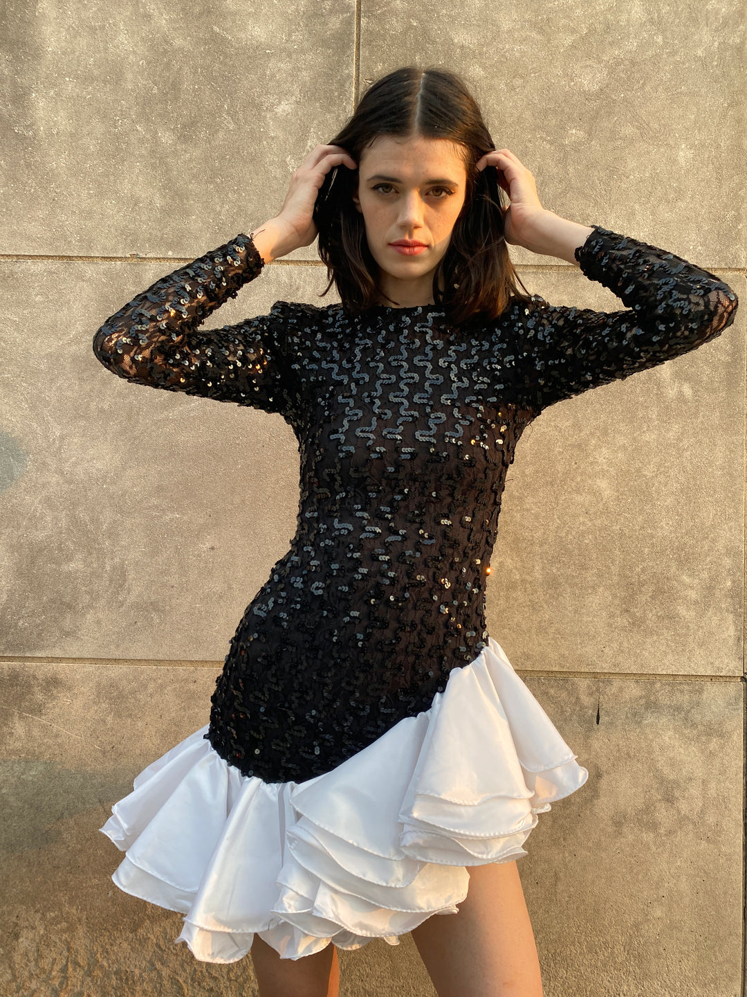80s Black Sequined Dress, White Ruffled Skirt