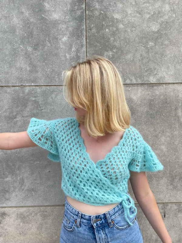 70s Light Blue Crocheted Cropped Wrap Sweater