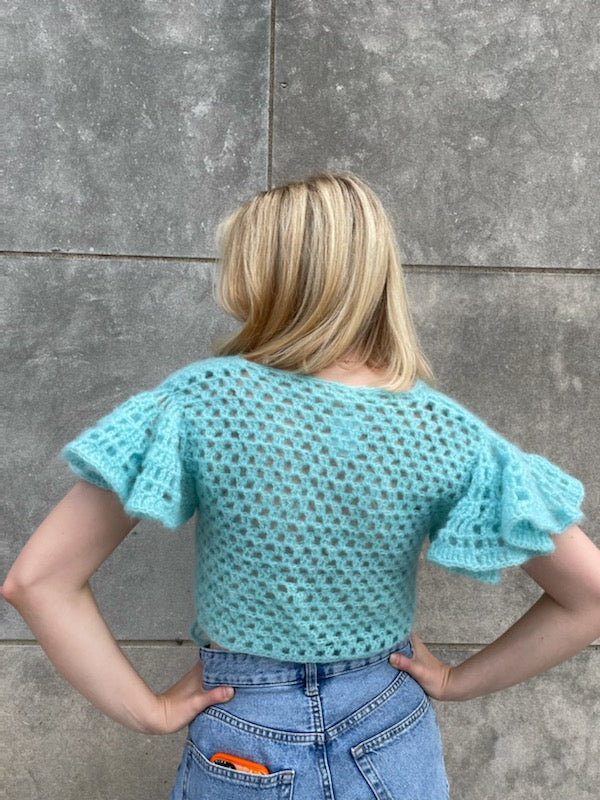 70s Light Blue Crocheted Cropped Wrap Sweater