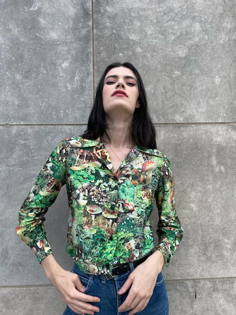 70s Vintage Nylon Photo Fabric Mushroom Print Shirt