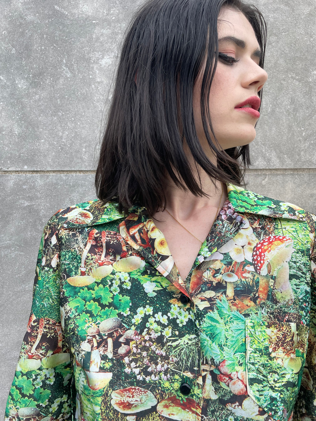 70s Vintage Nylon Photo Fabric Mushroom Print Shirt