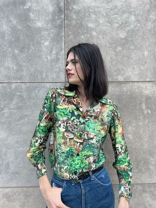 70s Vintage Nylon Photo Fabric Mushroom Print Shirt