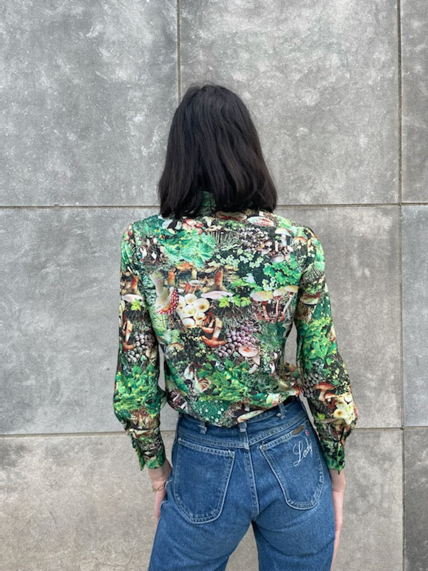 70s Vintage Nylon Photo Fabric Mushroom Print Shirt