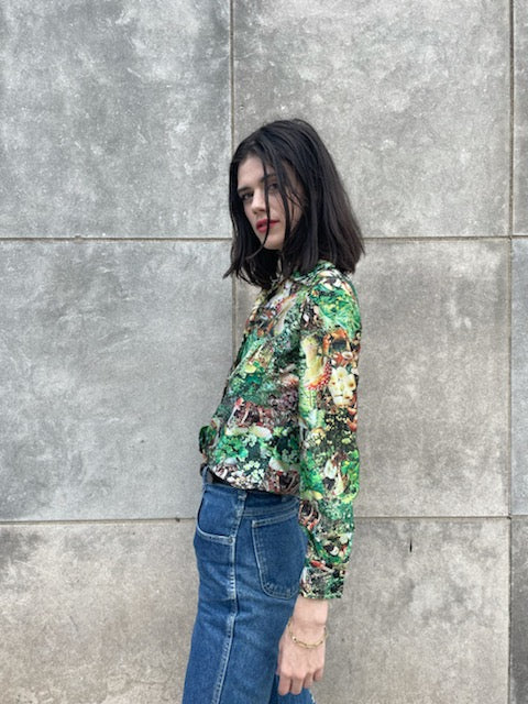 70s Vintage Nylon Photo Fabric Mushroom Print Shirt