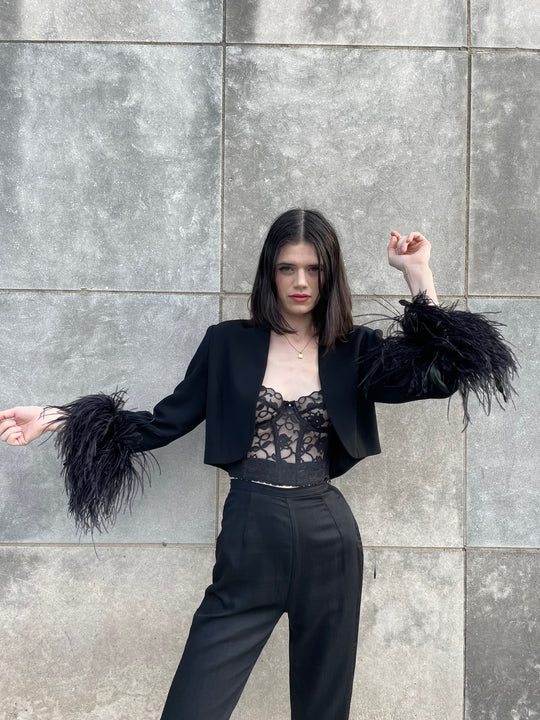 80s Black Cropped Jacket, Ostrich Feathers, Maggie London