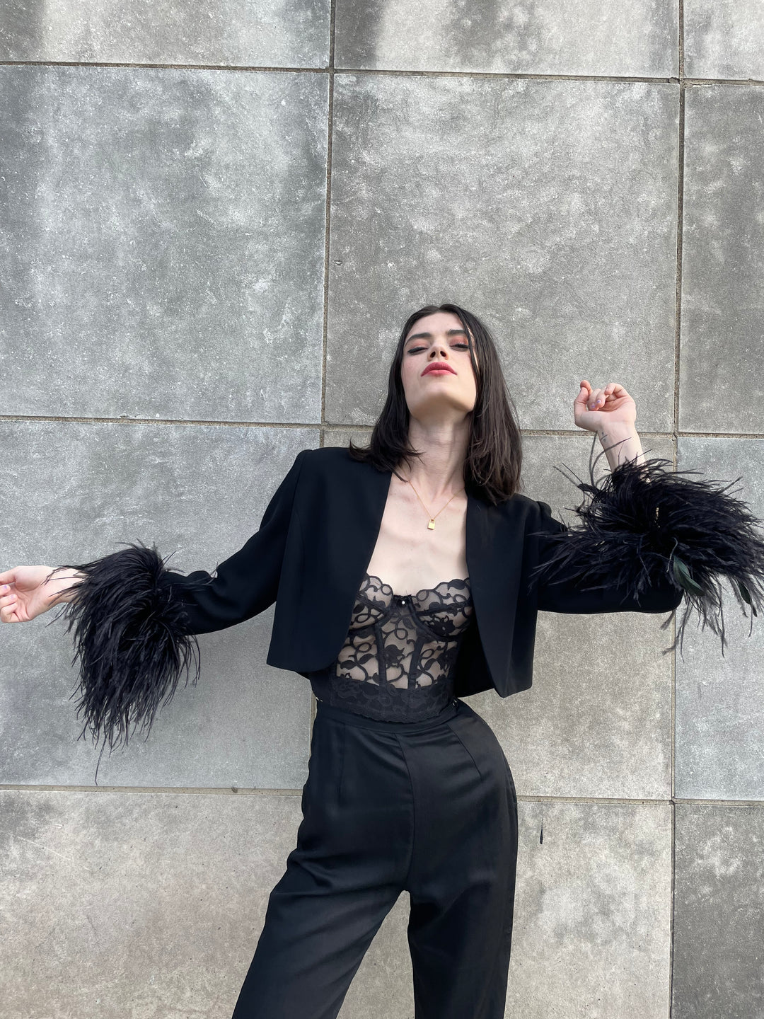 80s Black Cropped Jacket, Ostrich Feathers, Maggie London