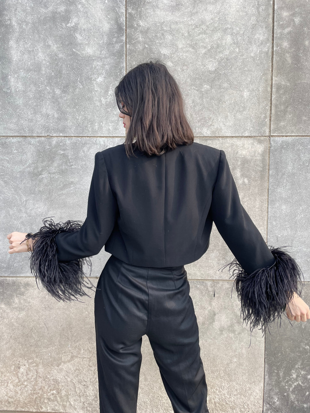 80s Black Cropped Jacket, Ostrich Feathers, Maggie London