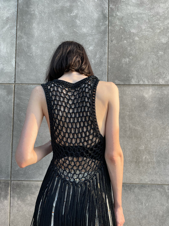 70s Vintage Black Crochet Vest with Fringe