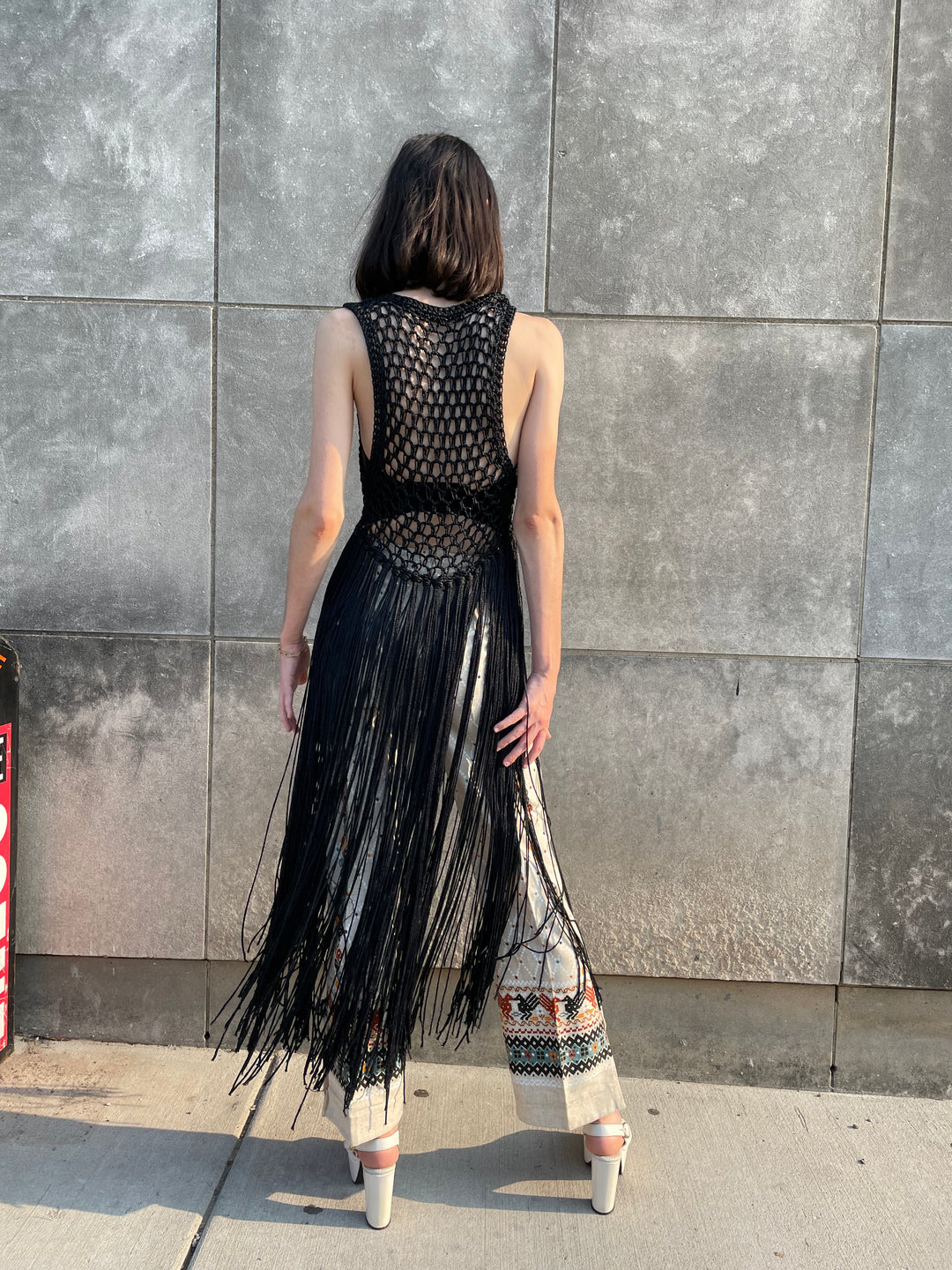 70s Vintage Black Crochet Vest with Fringe