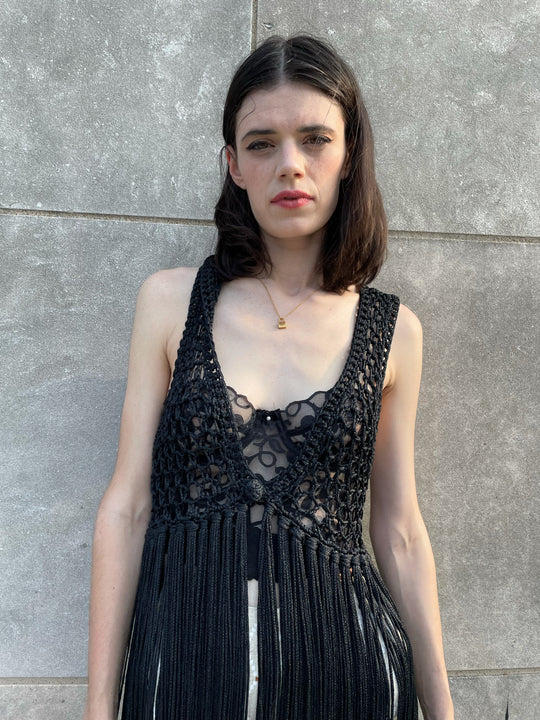 70s Vintage Black Crochet Vest with Fringe