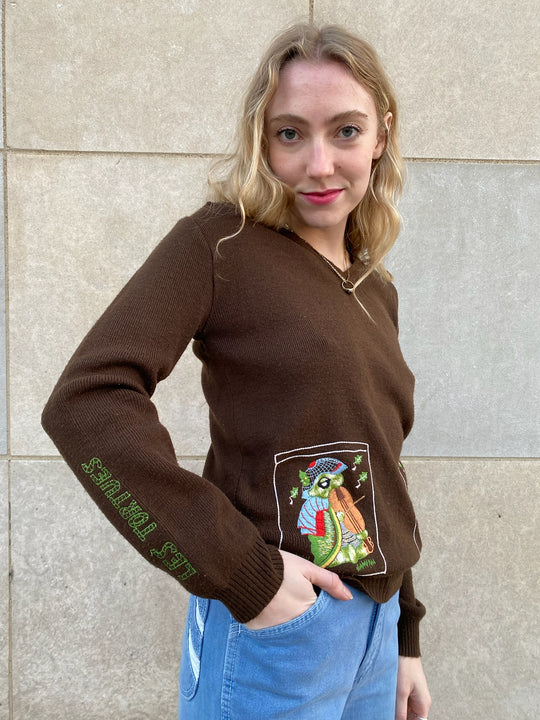70s Brown Acrylic Sweater, French Turtle Appliqué