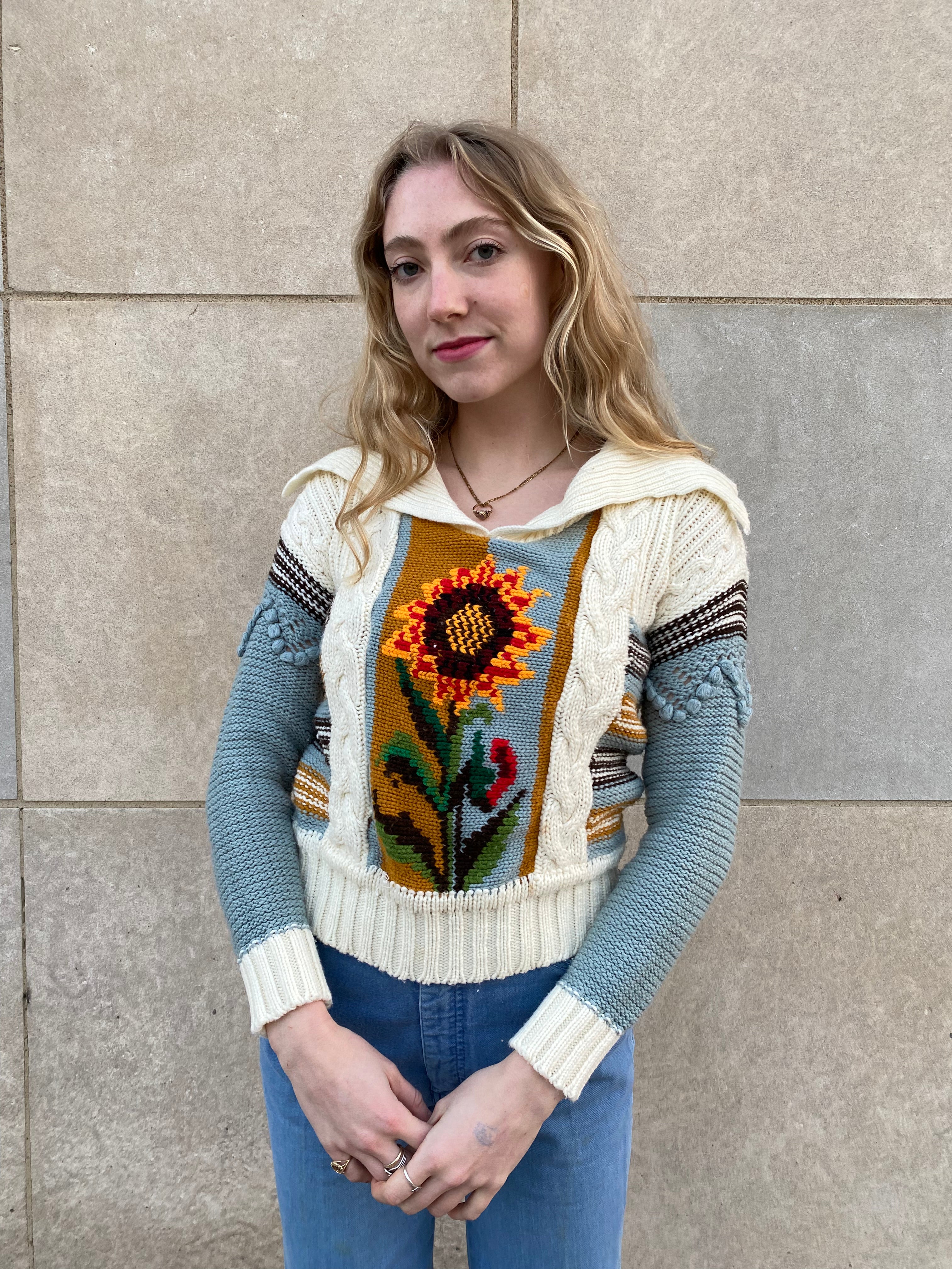 70s Creme Blue Sweater with Sunflowers, Vicki Volts – The Hip