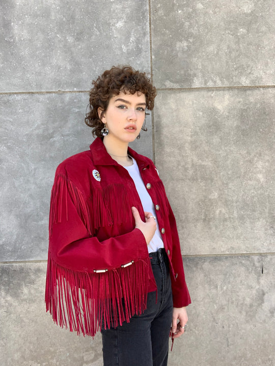 80s Red Suede Cropped Western Jacket with Fringe, Ren Ellis