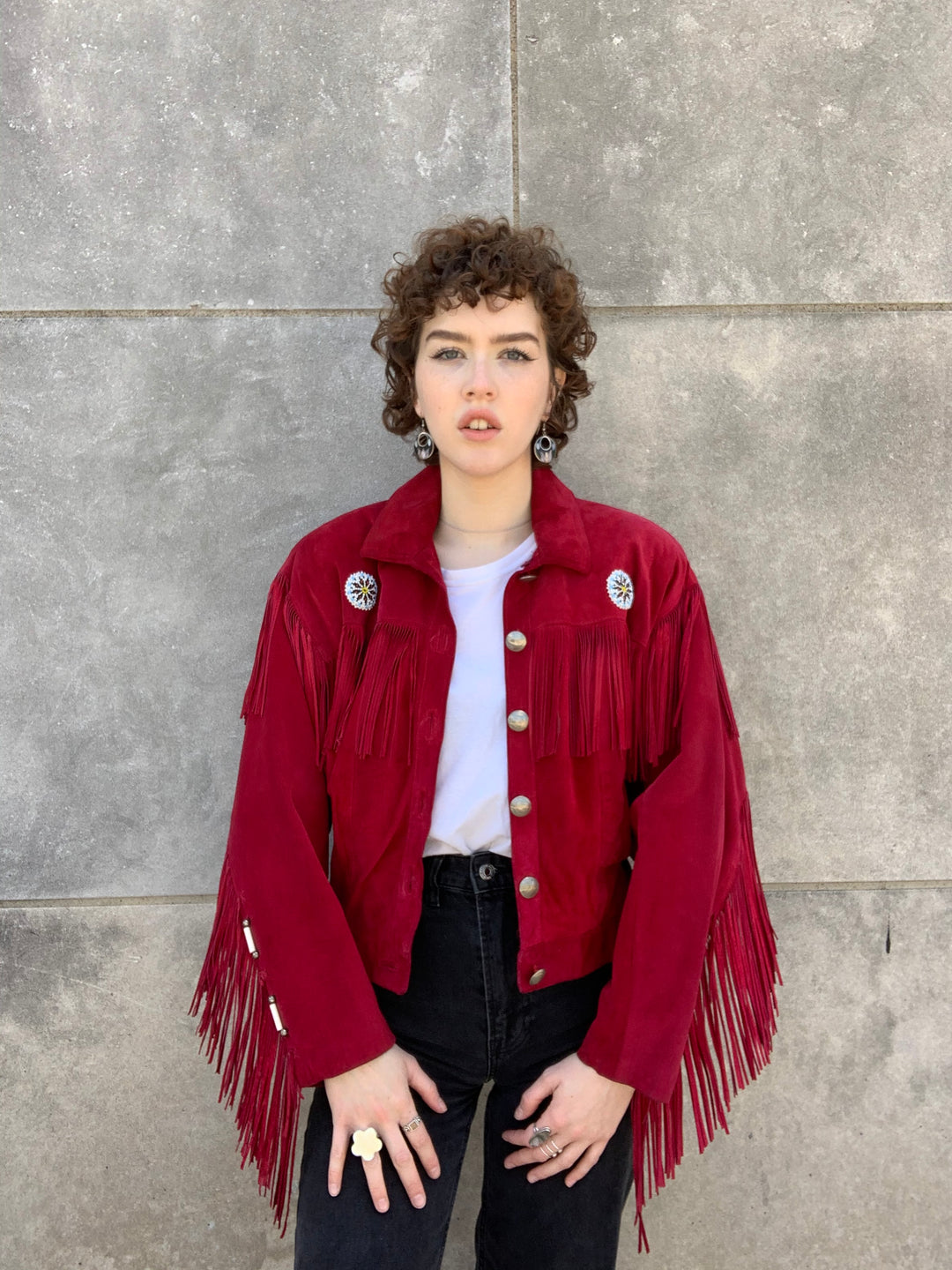 80s Red Suede Cropped Western Jacket with Fringe, Ren Ellis