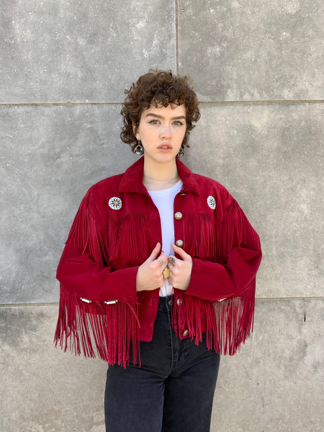 80s Red Suede Cropped Western Jacket with Fringe, Ren Ellis