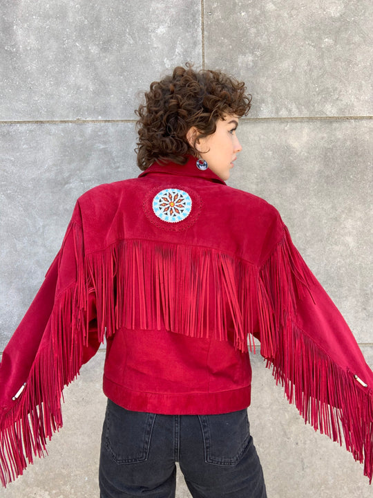 80s Red Suede Cropped Western Jacket with Fringe, Ren Ellis