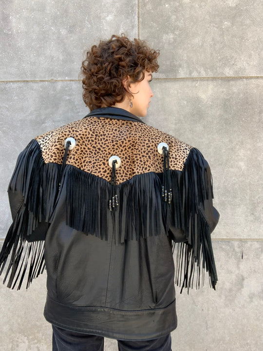 80s Black Animal Print Horse Hide and Leather Western Jacket with Fringe, Gossip