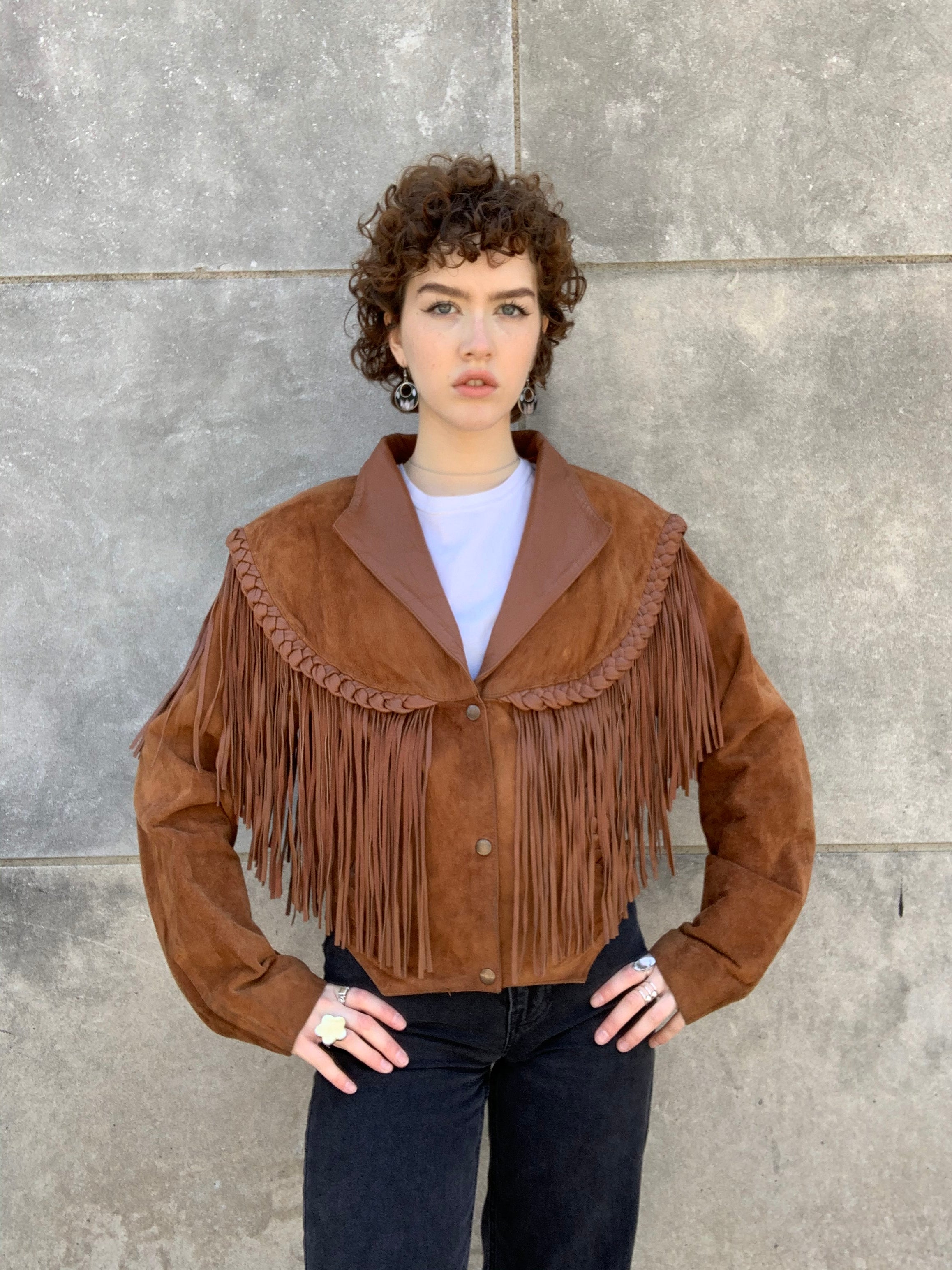 80s Brown Suede Cropped Western Jacket with Fringe, Steer