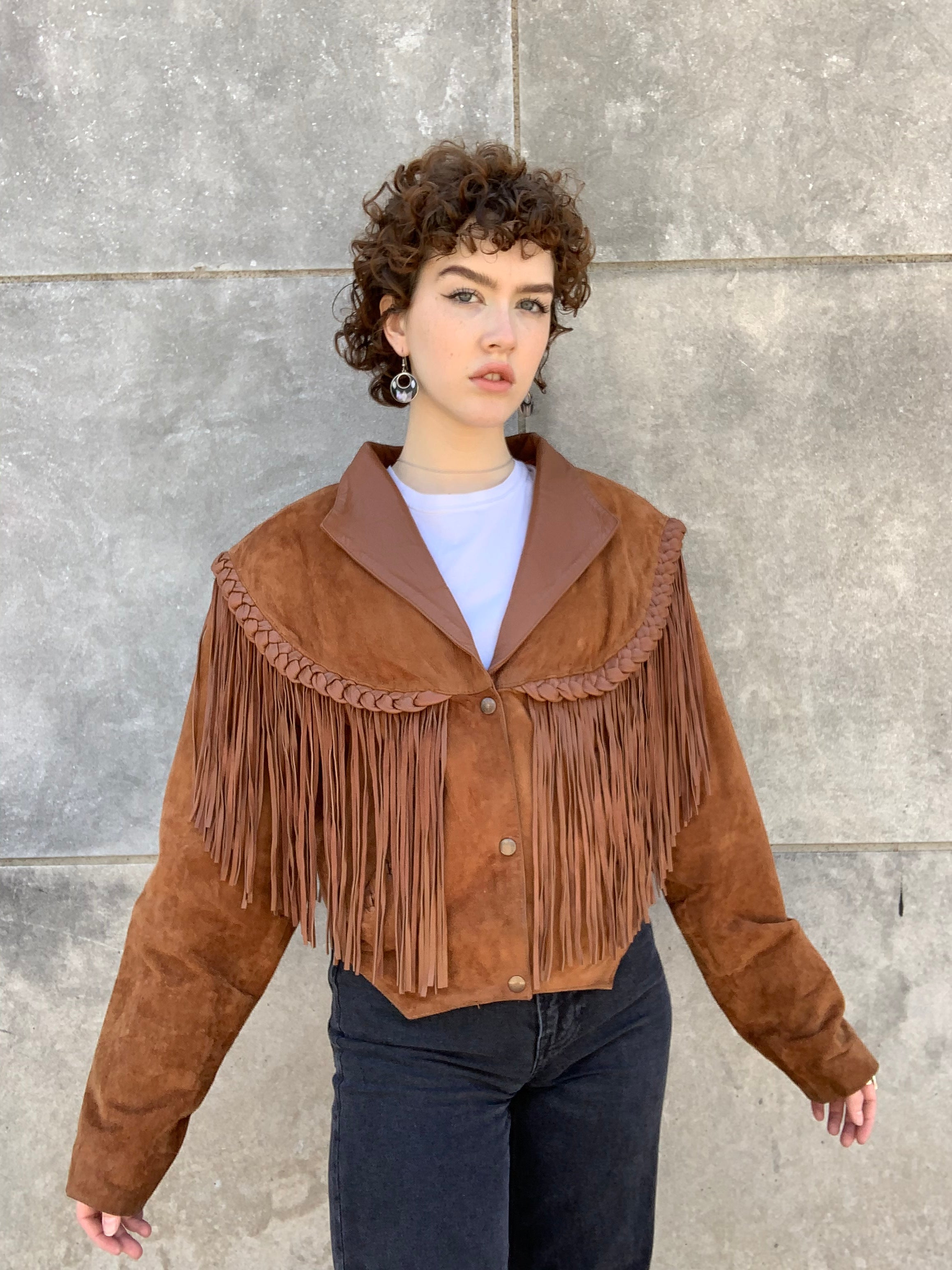 80s Brown Suede Cropped Western Jacket with Fringe, Steer