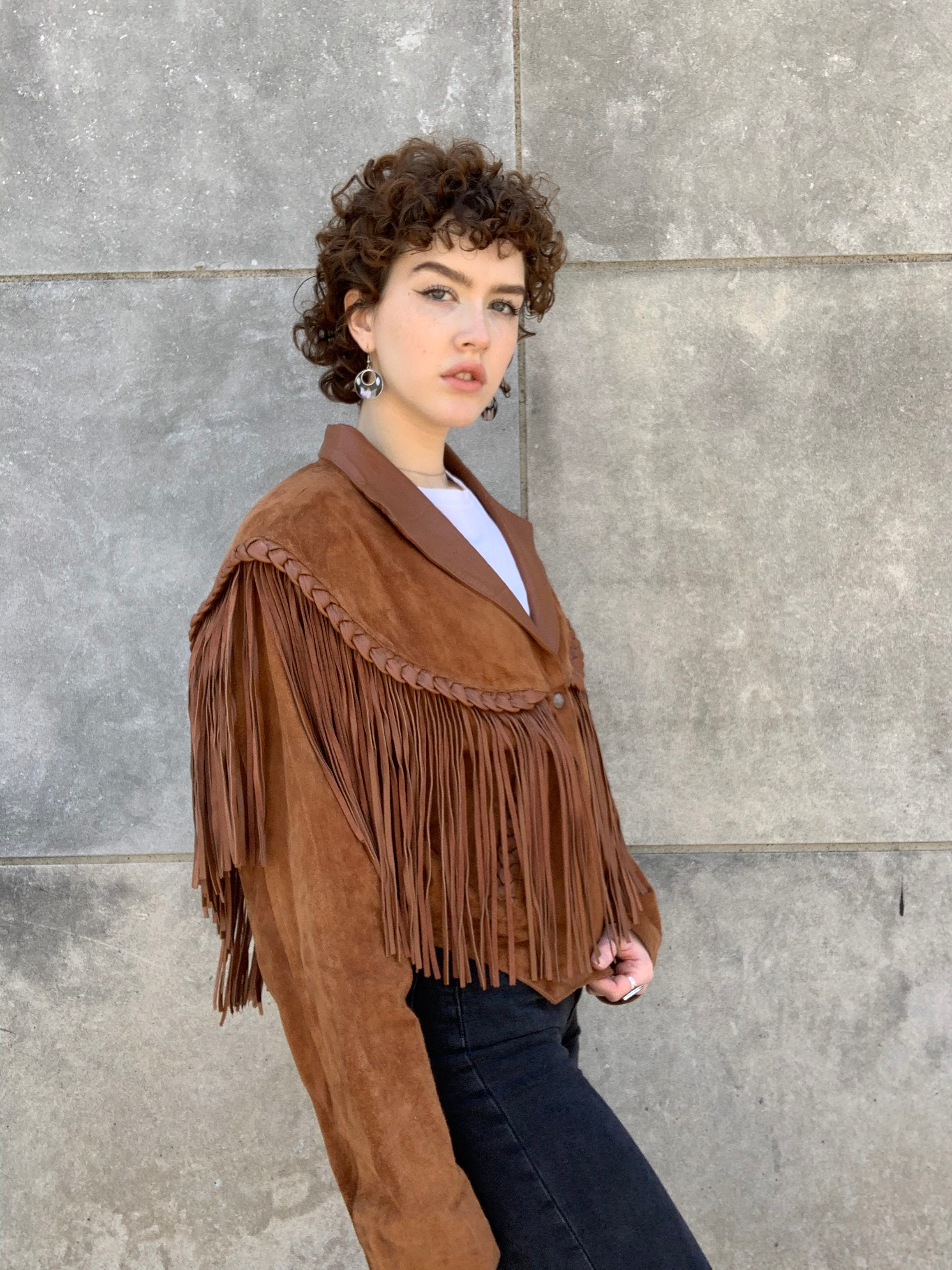 80s Brown Suede Cropped Western Jacket with Fringe Steer The