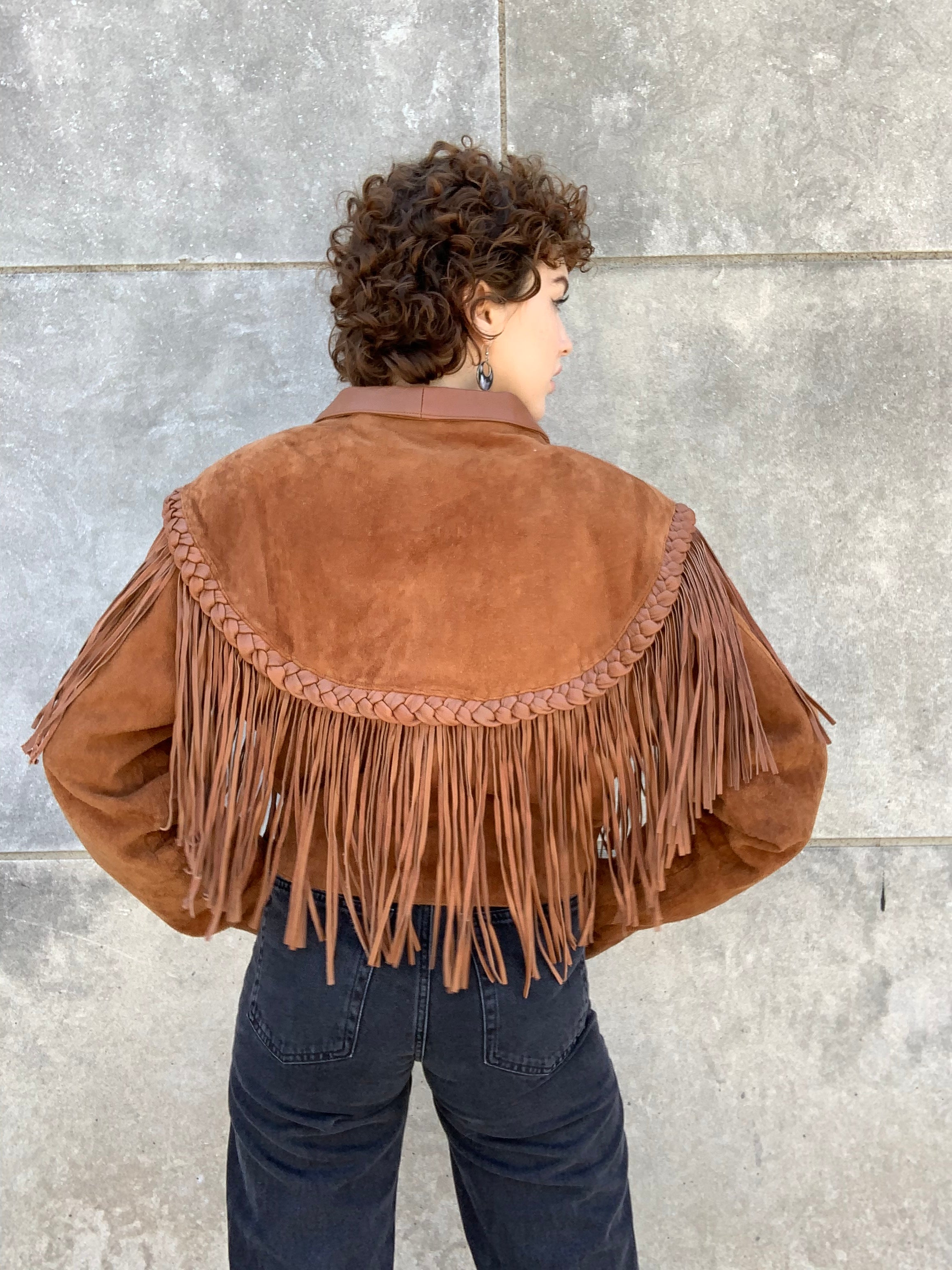 80s Brown Suede Cropped Western Jacket with Fringe, Steer