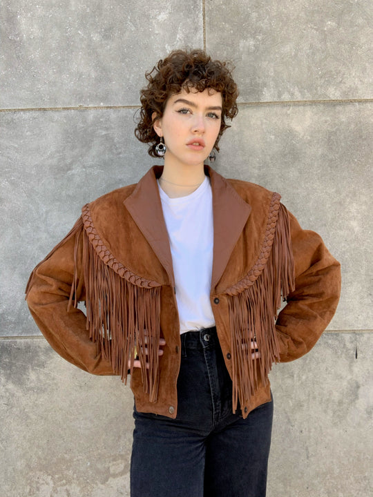 80s Brown Suede Cropped Western Jacket with Fringe, Steer