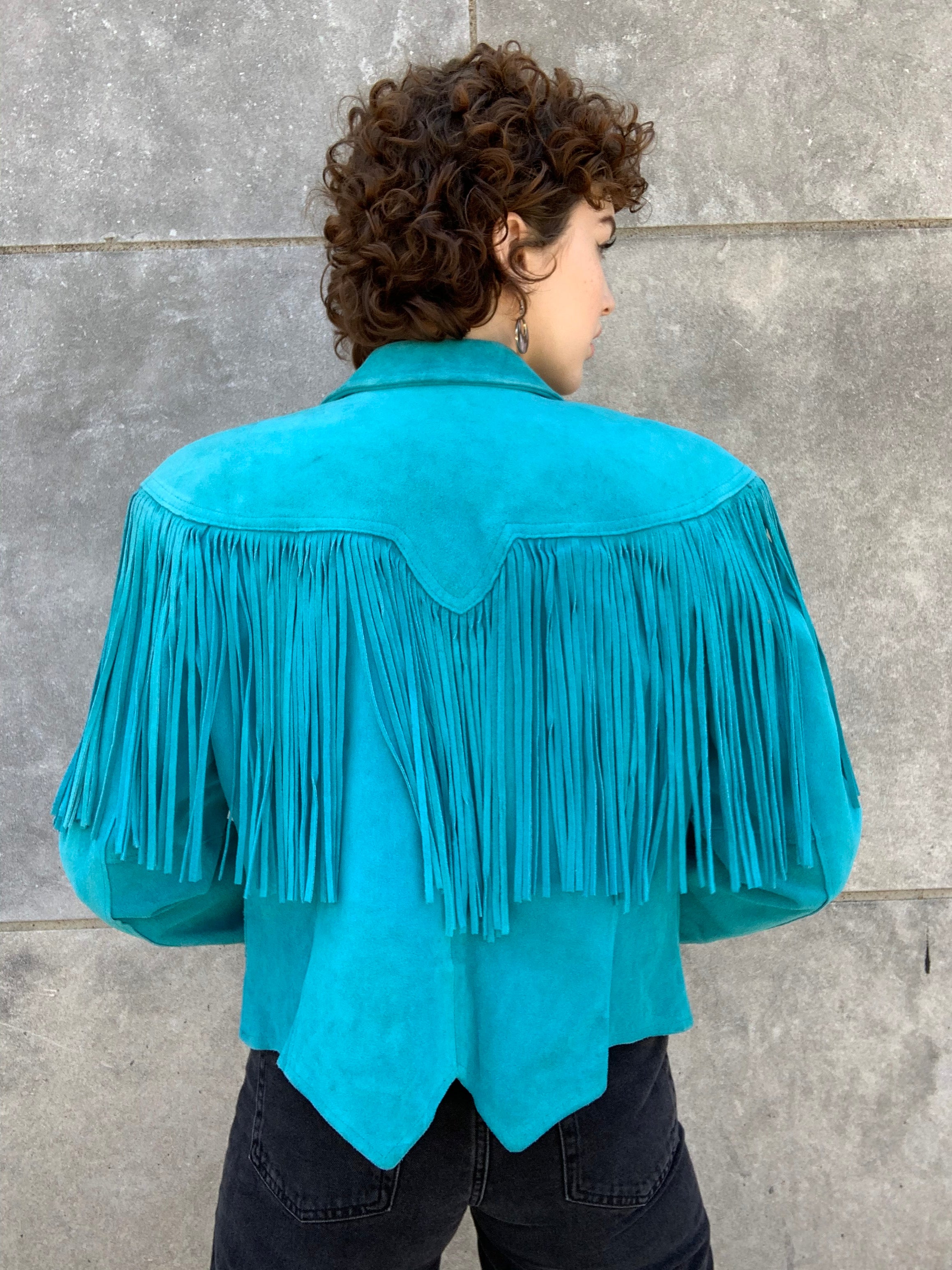 80s Turquoise Suede Cropped Western Jacket with Fringe, Pioneer Wear