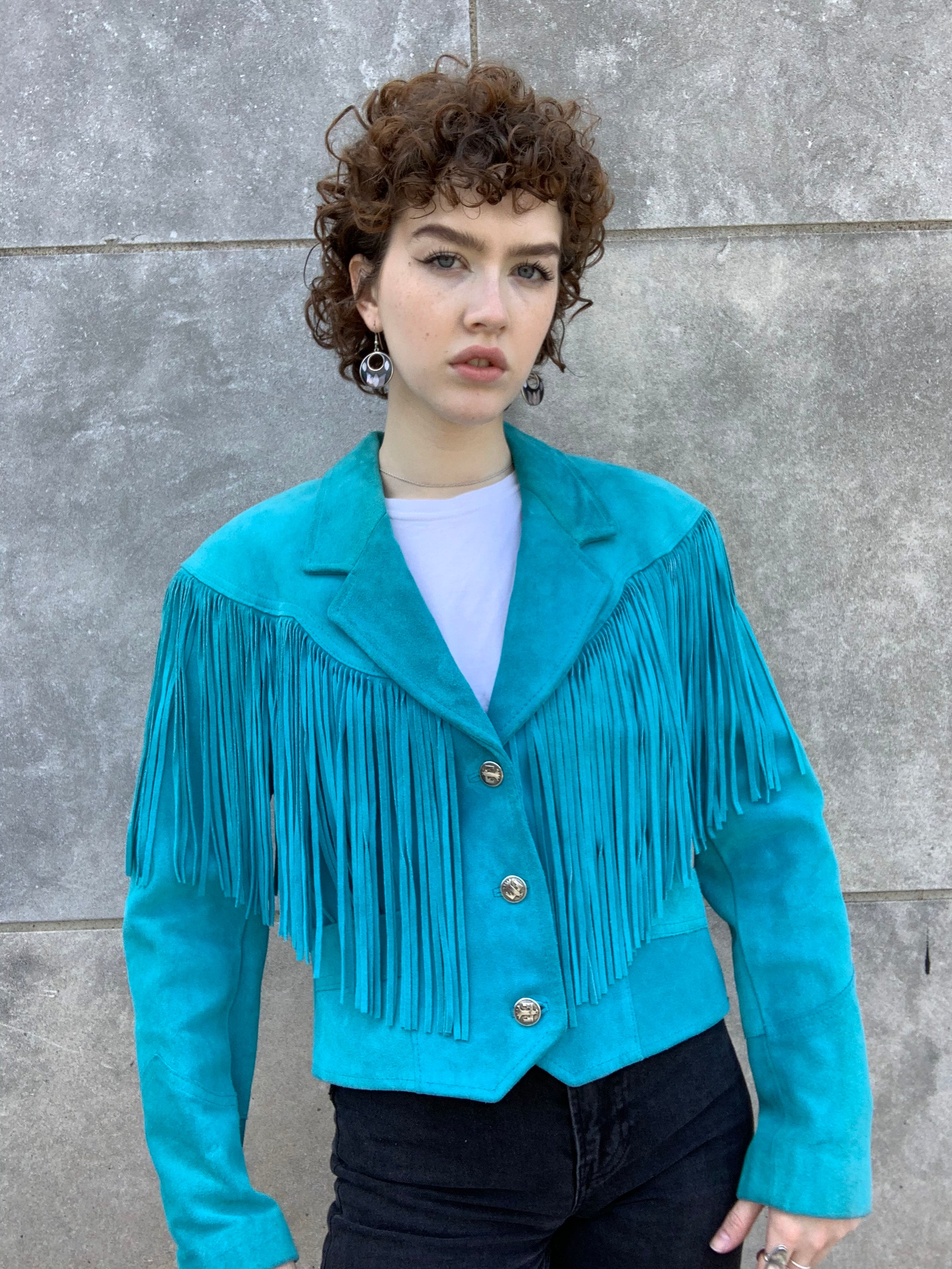 80s Turquoise Suede Cropped Western Jacket with Fringe Pioneer