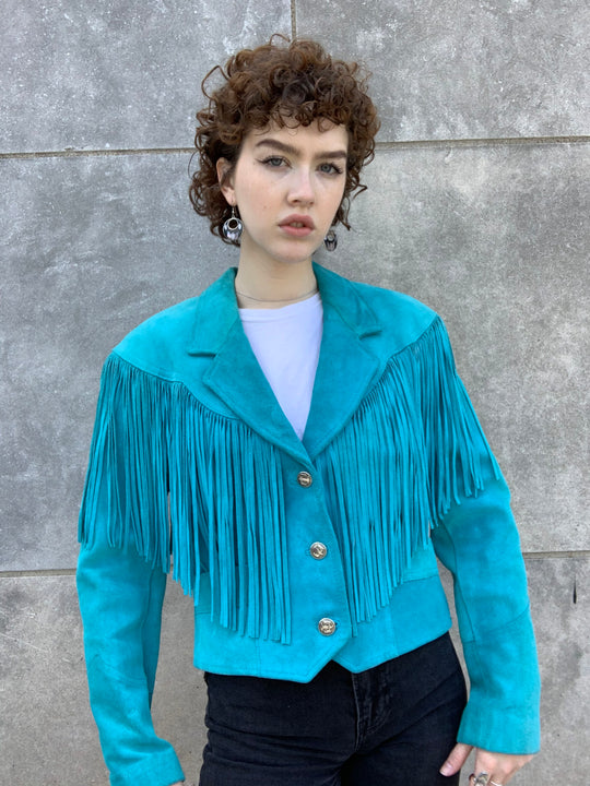 80s Turquoise Suede Cropped Western Jacket with Fringe, Pioneer Wear