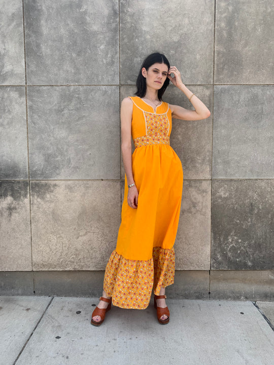 70s Orange Floral Cotton Maxi Dress