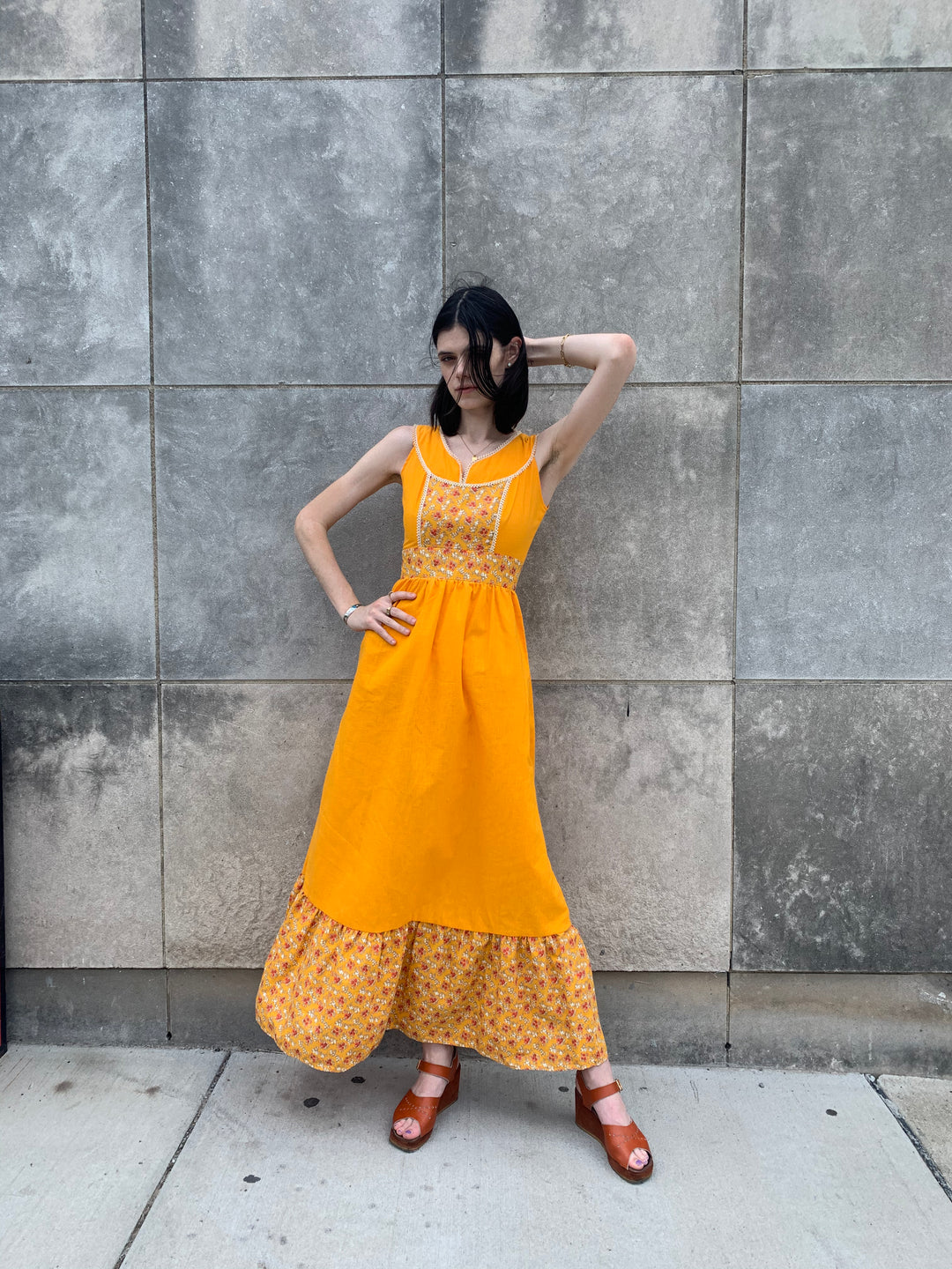 70s Orange Floral Cotton Maxi Dress