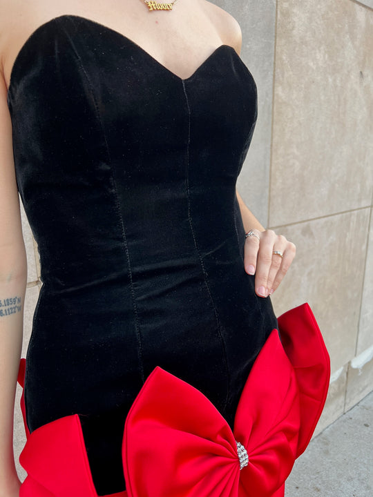 80s Black Velvet Red Dress, Bow Detail