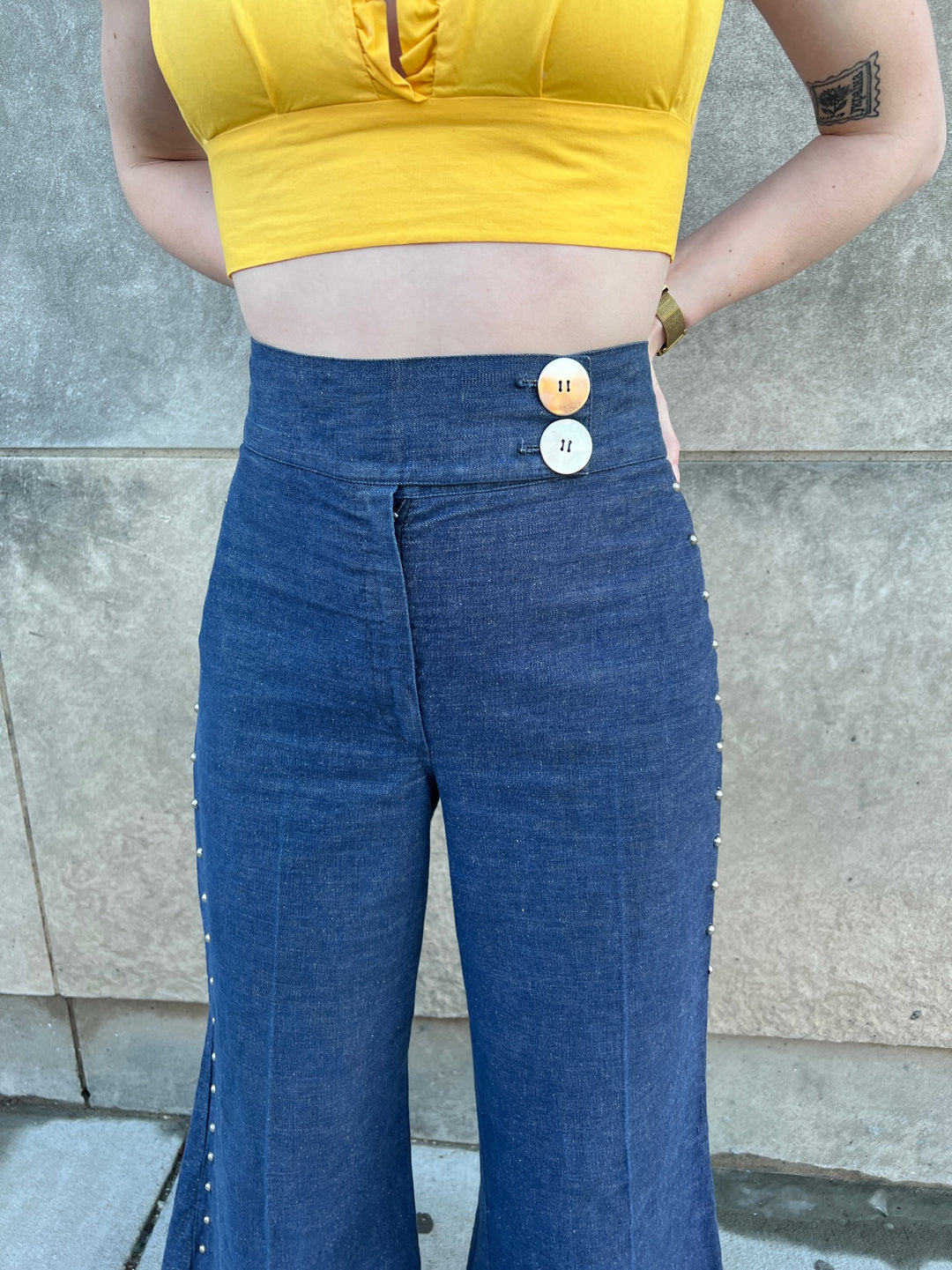 70s Bell Bottom Denim Jeans, Studs down the Sides