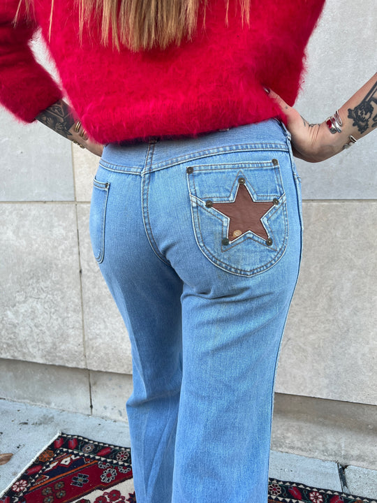 70s Stonewashed Bell Bottom Denim Jeans w/ Star Pocket, La Vie