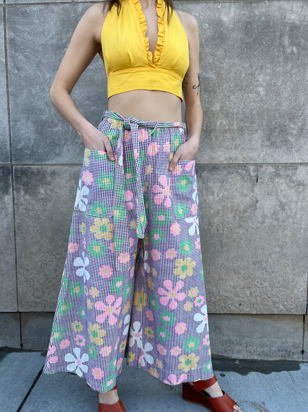 70s Purple White Gingham and Floral Bell Bottom Pants