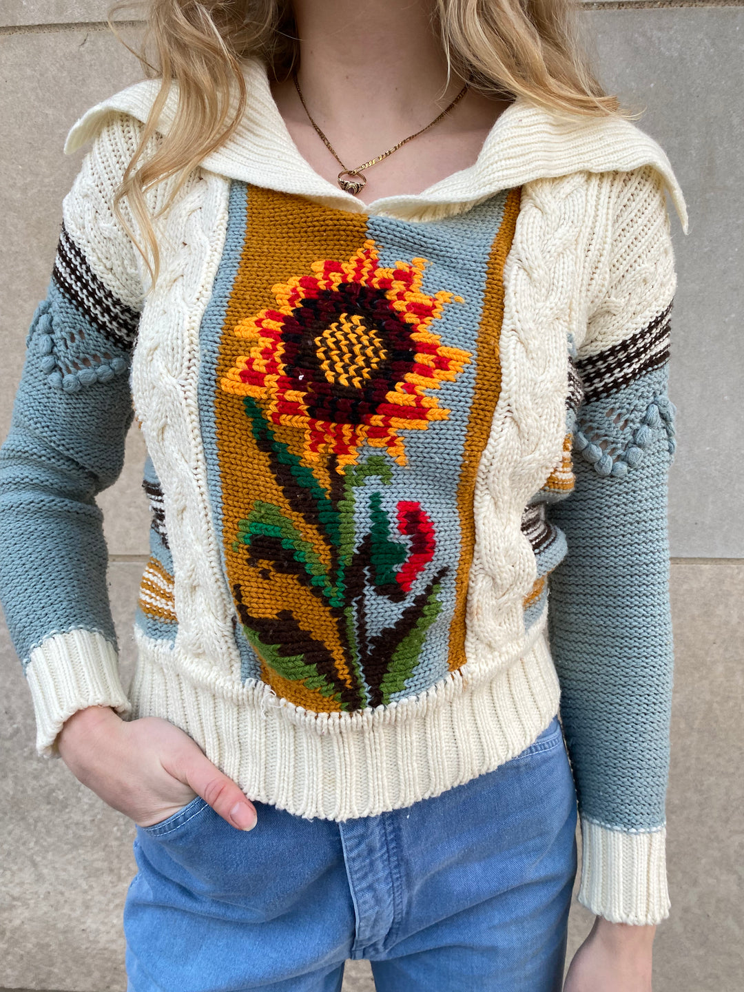 70s Creme Blue Sweater with Sunflowers, Vicki Volts