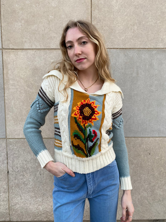 70s Creme Blue Sweater with Sunflowers, Vicki Volts