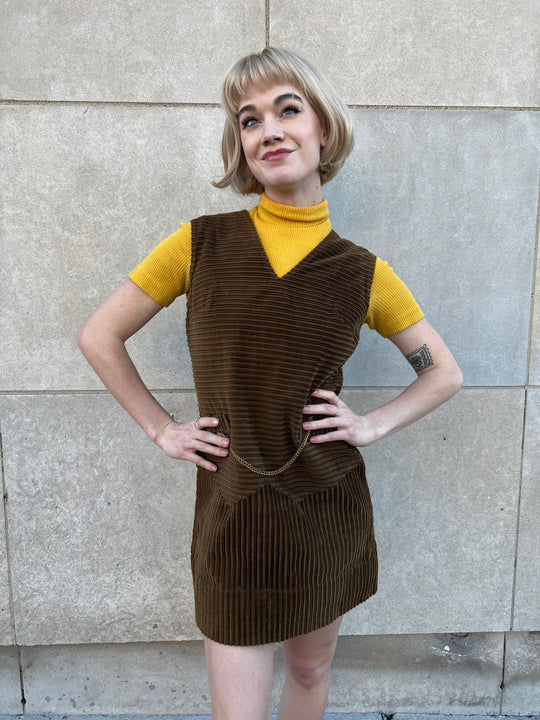 60s Gold Brown Corduroy Mini Dress with Jacket