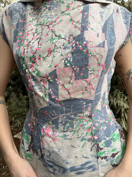 40s Gray Green Pink Floral Novelty Print Top