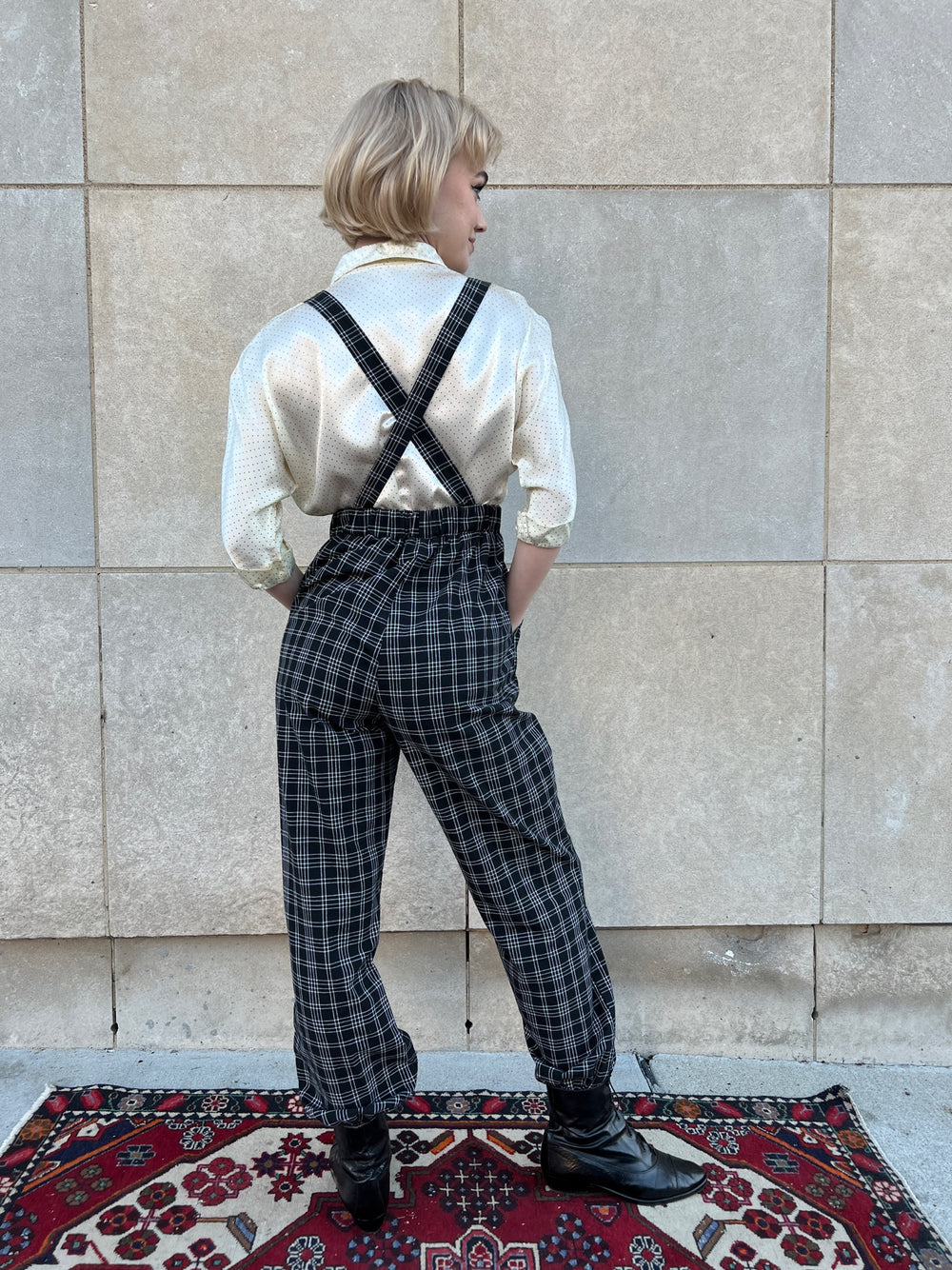 80s Black and White Plaid Pants with Suspenders