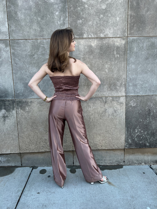 80s Light Brown Nylon 2pc Strapless Pantsuit